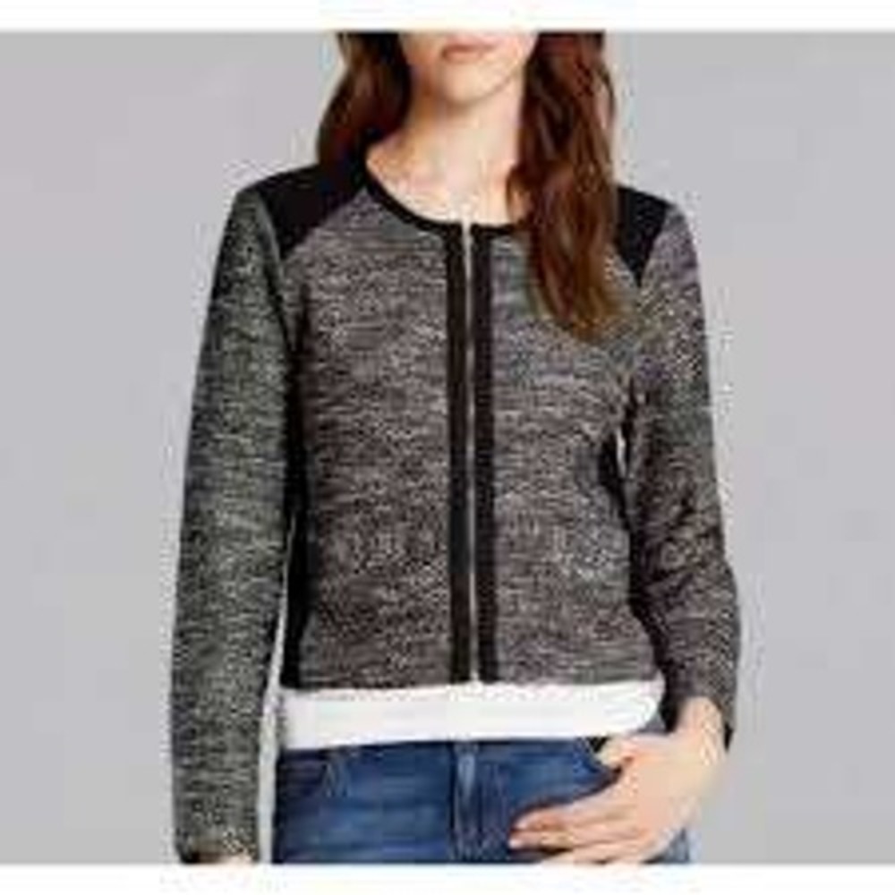 Eileen Fisher Womens Black White Boucle Tweed Cropped Jacket LARGE Minimalist